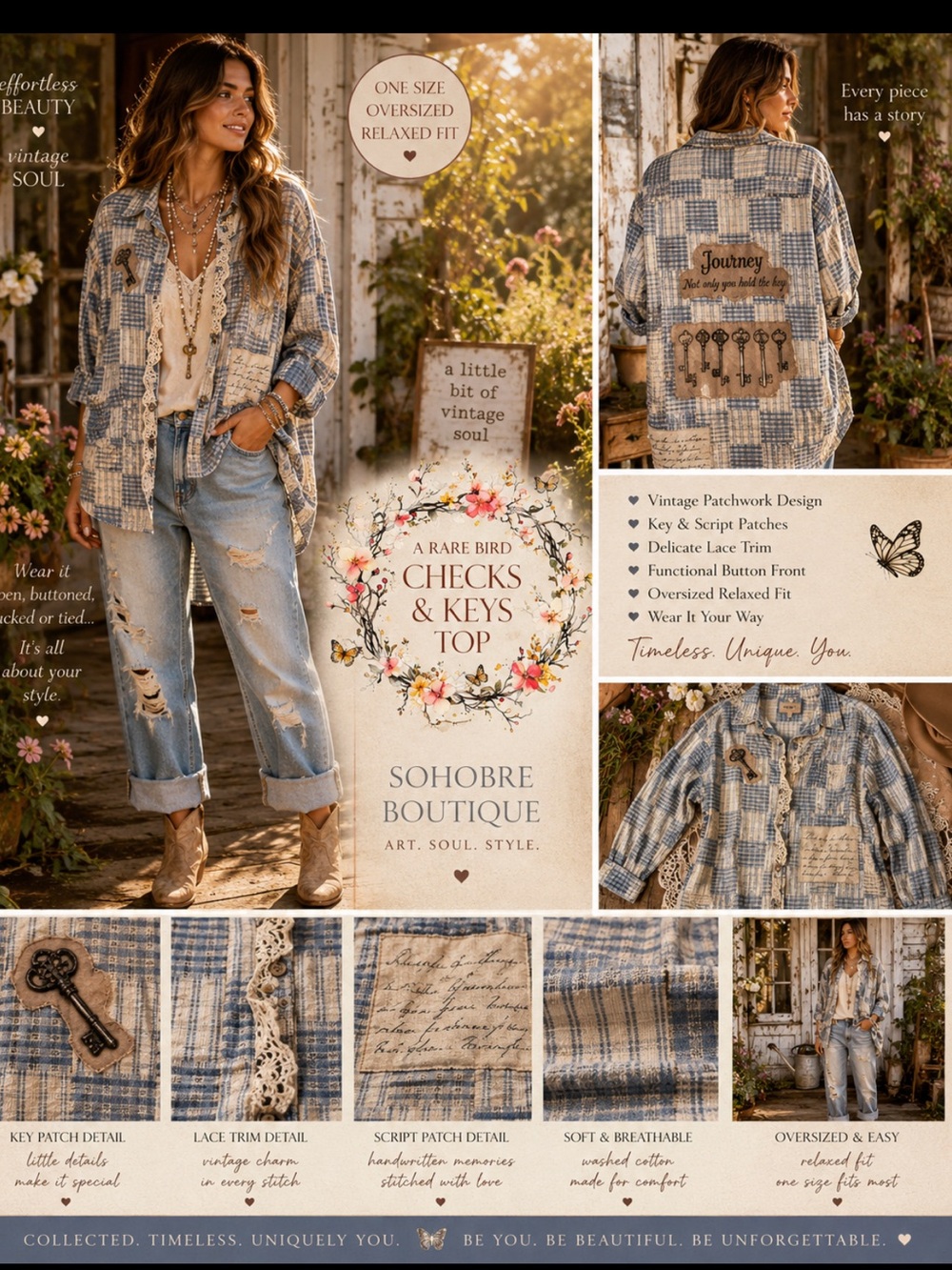 A Rare Bird Checks and Keys Top.
Button-Up Shirt. Wearable art at its finest